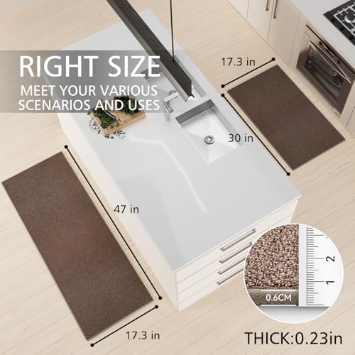 SUMLANS Kitchen Mat Set of 2 PCS, Cushioned Non Slip Rugs for Kitchen Floor, Absorbent Runner Comfort Standing Mats Washable for Kitchen, Office, Home (Brown-Velvet, 17.3"x47"+17.3"x30") - Image 2