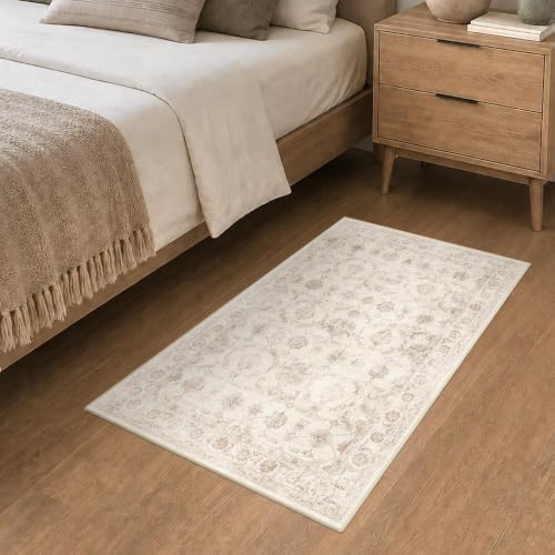 Washable 2x3 Entryway Area Rug Non-Slip Distressed Beige Throw Carpet - Image 2
