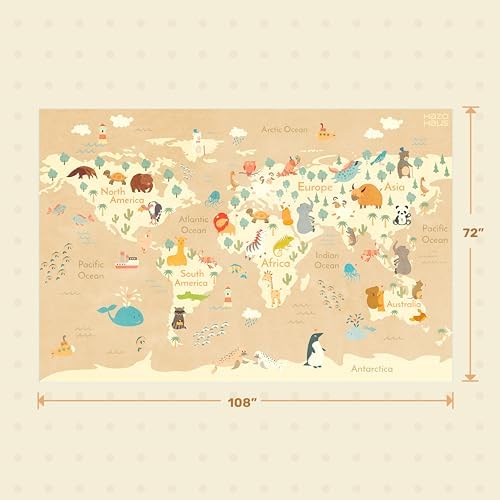 Hazo Haus Large Kids Rugs for Classroom - 6x9 Kids Room Rug with Animal & Educational World Map Area Rug - Washable, Non-Slip, Stain Resistant, Soft & Safe for Child, Playroom Essentials - Soft Beige - Image 2