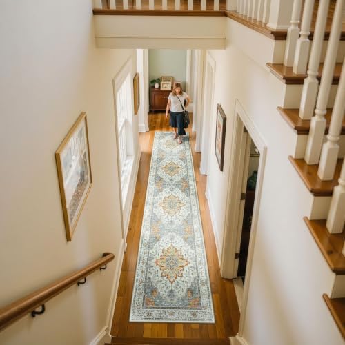 RELEANY Washable Area Rug, Runner 2'x9', Beige/Carbon Grey/Orange - Image 3