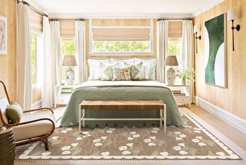 Boho Tan Living Room Rug 6x9 - Soft Washable Floral Neutral Farmhouse Scalloped Bedroom Area Rug Stain Resistant Dining Room Rugs for Under Table Non Slip Rugs for Bedroom Living Room Decor - Image 4