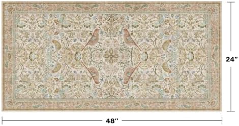 Beige 2x4 Washable Rug for Bathroom, Entryway Non Slip - Soft Low Pile Boho Small Throw Rugs for Kitchen, Powder Room - Unique Boho Bird Botanical Decorative Door Mats Stain Resistant - Image 2