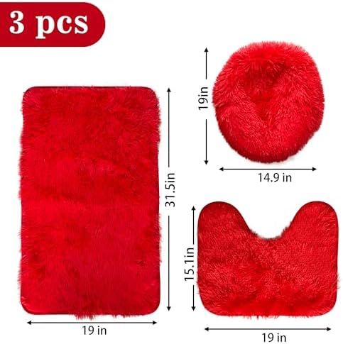 Red Bathroom Rugs Sets 3Piece Bath Mat Solid Bath Rug Floor Mats Washable Shower Rug with U-Shaped Contour Rug Toilet Lid Cover - Image 2