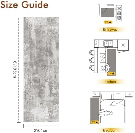 2x6 Ft Abstract Washable Runner Area Rugs for Hallway Light Grey - Image 2