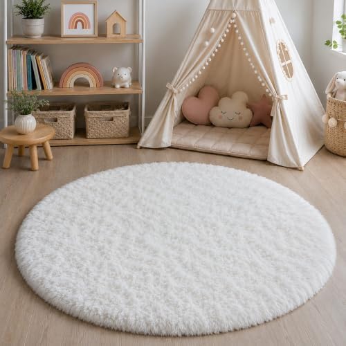 Cream White Fluffy Round Rug 4ft, Soft Washable for Nursery - Image 2