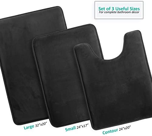 Clara Clark 3 Piece Bathroom Rugs Bath Mat Set, Velvet Memory Foam Bath Mats for Bathroom - Non-Slip, PVC Backing Bath Rugs, Washable - Dries Quickly, Black - Image 3