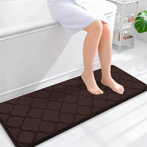 OLANLY Memory Foam Bath Mat Rug 47x17, Ultra Soft and Absorbent Bathroom Rugs, Non-Slip, Comfortable, Machine Washable Bath Carpet for Bathroom Floor, Tub, Shower and Home Decor Accessories, Brown by OLANLY