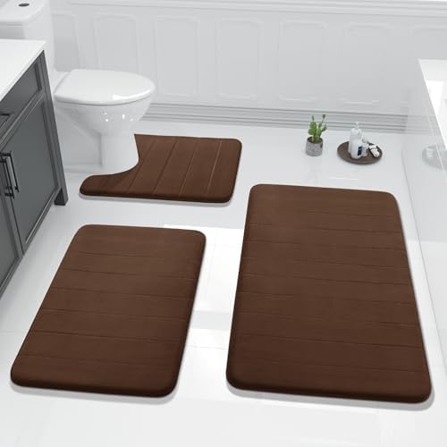 Yimobra 3 Pieces Memory Foam Bath Mat Set with U-Shaped Toilet Rug - Non Slip Super Soft Absorbent Quick Dry Bathroom Rugs for Bathtub, Vanity & Toilet Base, Brown by Yimobra