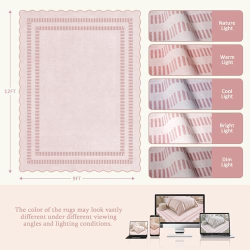 Pink Rugs for Living Room 9x12, Machine Washable Scalloped Area Rugs for Bedroom Girls, Non Slip Ultra-Thin Low-Pile Carpet for Playroom Nursery Kids Room - Image 2