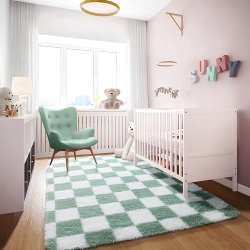 KICMOR 4x6 Rug for Bedroom Living Room, Fluffy Sage Green and White Checkered Area Rugs, Fuzzy Shag Shaggy Floor Carpet Soft Plush Checkerboard Rug for Children Kids Boys Room, Nursery, Classroom - Image 5