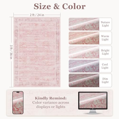 Small Pink Rug 2x3, Aesthetic Area Rug for Girls Bedroom Bedside Vanity, Cute Rug for Nursery Kids Room Dorm Washable Non Slip, Low Pile Thin Indoor Door Mats for Entryway Entrance Kitchen - Image 2