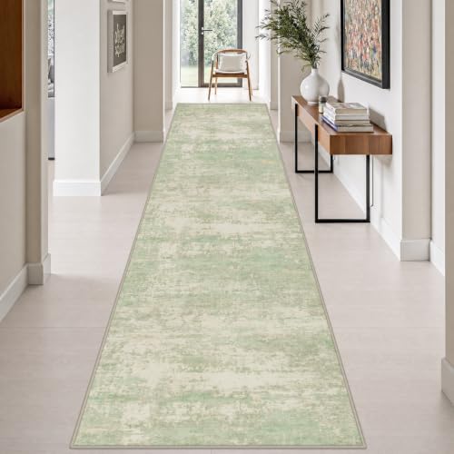 3x14 Washable Runner Rug：Modern Abstract Soft Carpet Green Cream by FXRHLP
