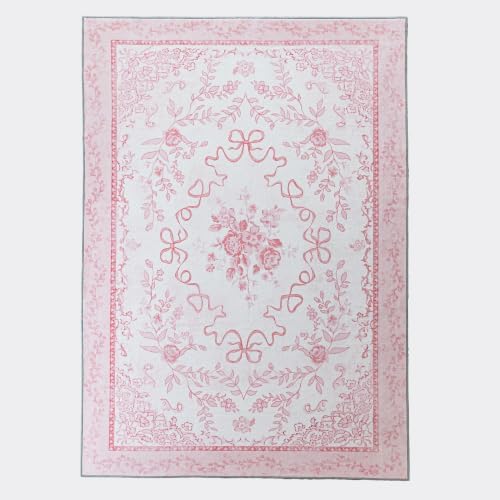 Pink Classroom Rug 4x6, Washable Small Pastel Floral Bow Area Rug for Girls Room Kids Bedroom Nursery - Image 3