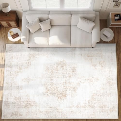 Area Rug 10x14 Vintage Rugs: Large Washable Living Room Rug Retro Medallion Distressed Soft Low Pile Non-Slip Rugs Indoor Floor Carpet for Bedroom Nursery Dining Table Office (Beige,10'x14') by MXSANYOORUG