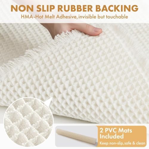 MIULEE Set of 2 Waffle Bathroom Rugs Boho Bath Mat White 17"x24"+20"x47" - Image 4