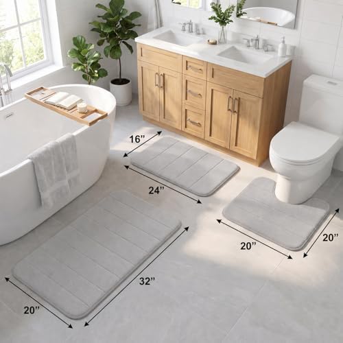 Bathroom Rugs Set 3 Piece, Memory Foam Bath Rugs, Non Slip Washable Bathroom Rug Set, Extra Soft Absorbent Bath Mats with U-Shaped Toilet Rug, Gray - Image 2