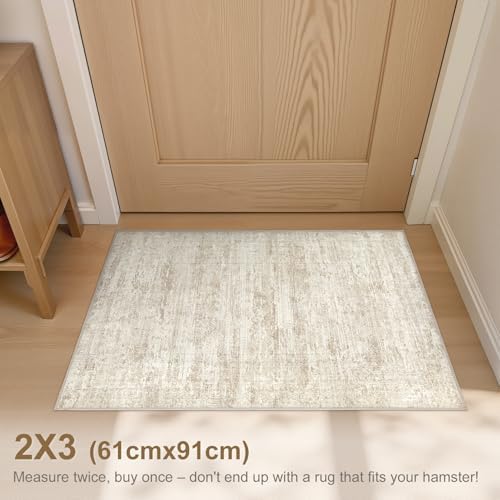UERMEI 2x3 Entryway Area Rug: Washable Neutral Modern Abstract Small Rug - Non-Slip Low Pile Throw Indoor Carpet for Entrance Kitchen Front Door Mat Bathroom Entry Kids Room - Dark Brown - Beige/Brown - Image 3