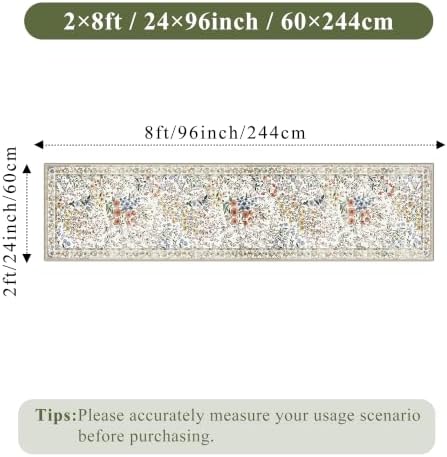 Washable Hallway Runner Rug 2x8: Vintage Floral Rug for High Traffic Hallways - Machine Washable Non Slip Low Pile Carpet - Soft Foldable Runner for Family Entryways - 2'x8' Beige - Image 2