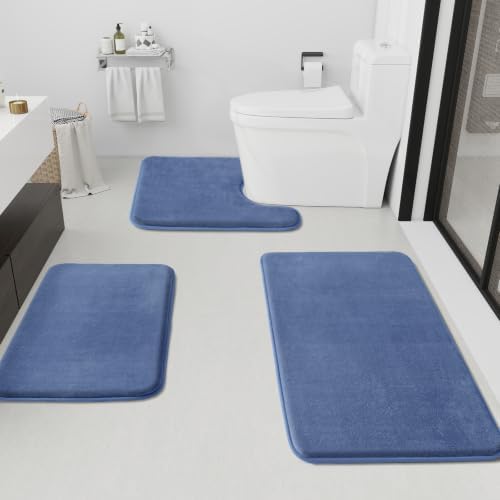 HUXMEYSON Bathroom Rugs Sets 3 Piece, Non-Slip & Quick Dry Bath Mat Set, Ultra Soft Velvet Bath Rugs for Bathroom, Toilet and Shower Floor, Dusty Blue by HUXMEYSON