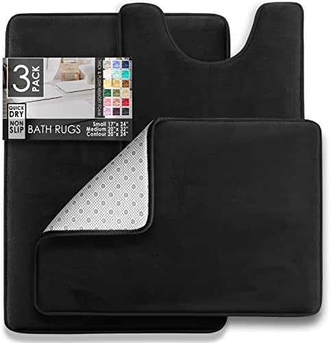 Clara Clark 3 Piece Bathroom Rugs Bath Mat Set, Velvet Memory Foam Bath Mats for Bathroom - Non-Slip, PVC Backing Bath Rugs, Washable - Dries Quickly, Black - Image 2