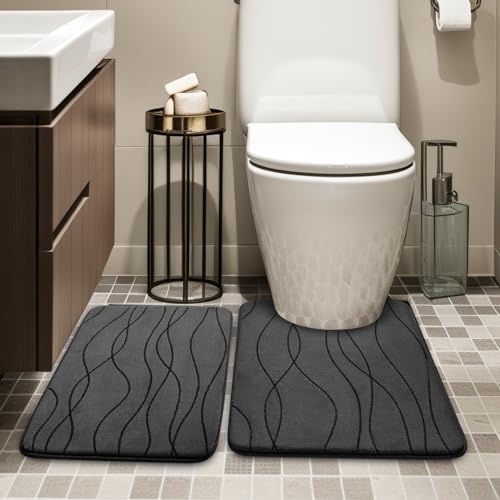 YIHOUSE Bathroom Rugs Set 2 Piece, Memory Foam Bath Mat Dark Grey - Image 3