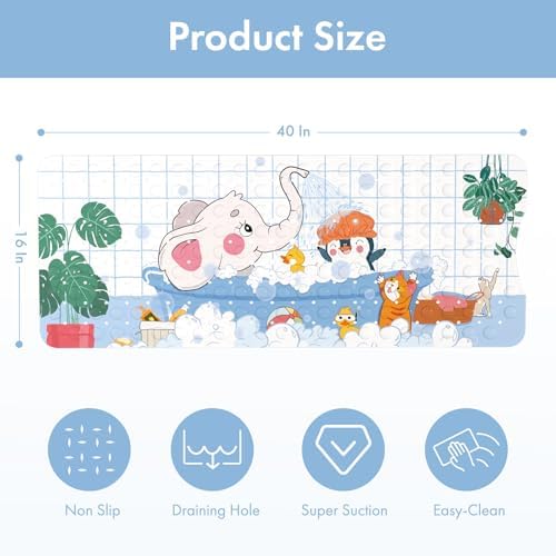 AmazerBath Baby Bath Mat Non Slip, Cartoon Kids Bath Mat for Tub 40 x 16 Inches Full Size, Non Slip Bathtub Mat with Suction Cups and Drain Holes, Shower Stall Mats - Elephant - Image 3