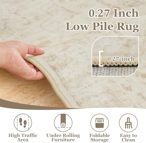 Beige 4x6 Throw Rugs for Entryway, Washable Neutral Rug with Rubber Backing for Living Room Bedroom, Vintage Medallion Distressed Area Rug for Kitchen/Bathroom/Dorm/Home Office - Image 5