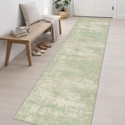 2.6x14 Washable Runner Rug:Modern Abstract Soft Carpet Green Cream - Image 4