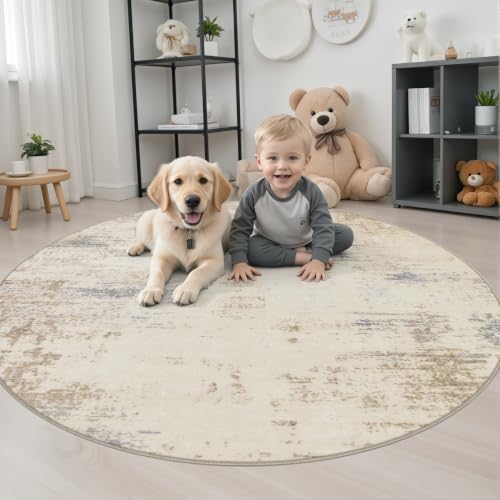 Round Area Rug Living Room: 4 ft Modern Washable Indoor Carpet - Image 3