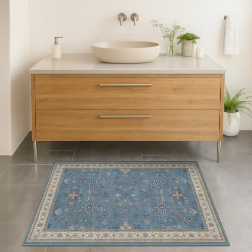 Blue 2x3 Washable Rug for Entryway Indoor, Kitchen Floor Waterproof, Bathroom, Powder Room, Non Slip Low Pile Stain & Fade Resistant, Modern Eclectic Floral Decor - Image 3