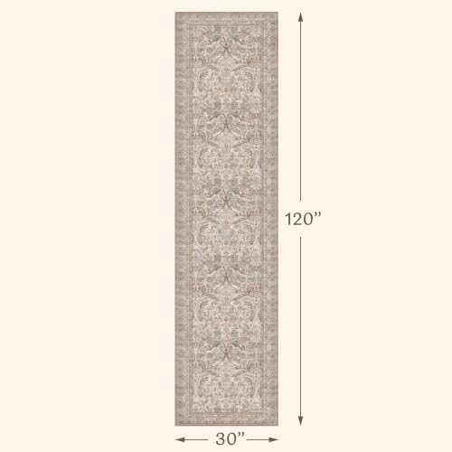 Traditional Cottagecore 2'6"x10' Hallway Runner Rug Non Slip - Washable 10 ft Extra Long Rug for Kitchen, Entryway, Neutral Taupe Cream Stain Resistant Carpet - Image 2