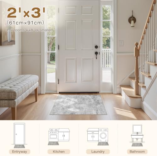 Tortania Area Rug Living Room Rugs - 2x3 Washable Soft Neutral Boho Moroccan Farmhouse Mat Indoor Floor Carpet for Bedroom Under Dining Table Home Office Decor - Ivory Grey - Image 2
