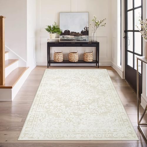 Area Rug 3x5 Entryway Rugs - Machine Washable Vintage Boho Area Rug Non-Slip Kitchen Rugs Soft Stain Resistant Indoor Door Mat, Small Floral Throw Rug for Entrance Hallway Bedroom(Cream Beige, 3'x5') - Image 6