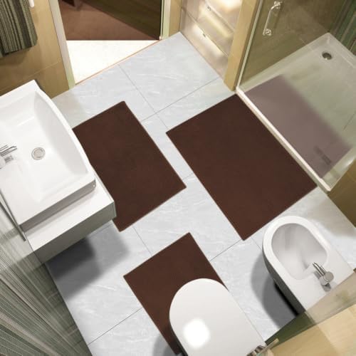 Urvoix Bathroom Rugs Sets 3 Piece, Chenille Bath Mat Set, Brown - Image 2