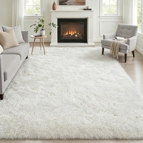 Area Rug Living Room Bedroom: 4x6 Fluffy Plush Shag Carpet Ivory by Luxturiy
