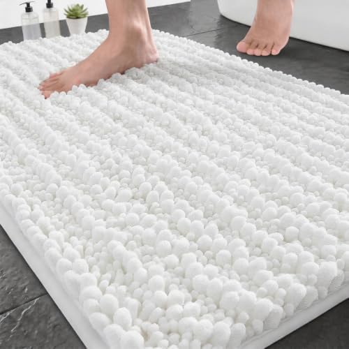 Yimobra Bathroom Rugs Non Slip Washable - Ultra Soft Absorbent Chenille Bath Mat, Quick Dry Shaggy Floor Carpet for Tub Shower, White Home Decor Accessories, 24x17 Inch by Yimobra