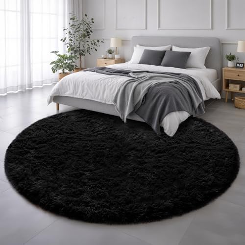 Amdrebio Black Fluffy Big Round Rug 6Ft for Men Bedroom Living Room Office by Amdrebio