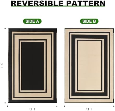 RURALITY Outdoor Rugs 5x8 Waterproof for Patios Clearance,Plastic Straw Mats for Backyard,Porch,Deck,Balcony,Reversible,Black and Beige - Image 2