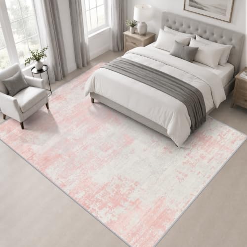 Area Rug Living Room: 4x4 Modern Washable Soft Carpet Pink White - Image 3