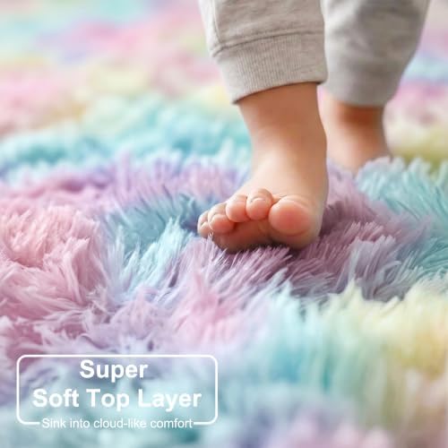 Amdrebio Rainbow Big Round Furry Area Rug 7Ft for Living Room Girls Bedroom - Image 4