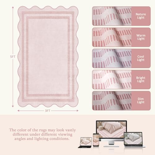Washable 3x5 Indoor Entryway Rug, Solid Pink Non Slip Rugs for Bedroom Girls, Stain Resistant Scalloped Soft Carpet for Nursery Dorm Kitchen - Image 2