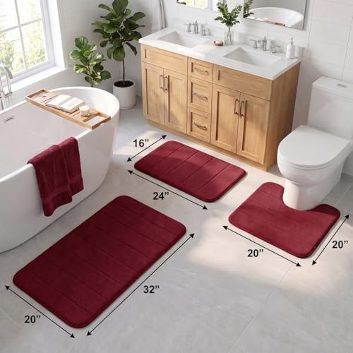 Bathroom Rugs Set 3 Piece, Memory Foam Bath Rugs, Non Slip Washable Bathroom Rug Set, Extra Soft Absorbent Bath Mats with U-Shaped Toilet Rug, Burgundy - Image 2