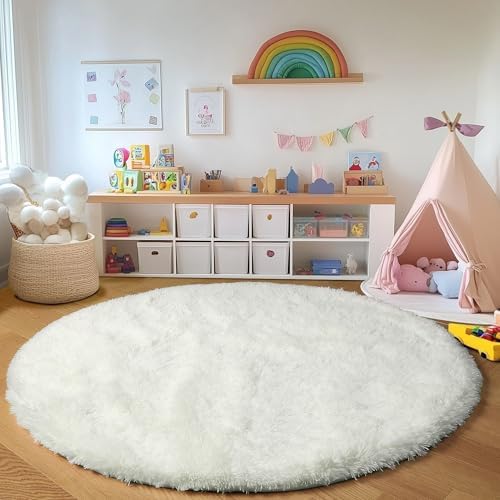 Cream White Fluffy Round Rug Circle Area Rugs 4ft for Kids Teen Bedroom - Image 5