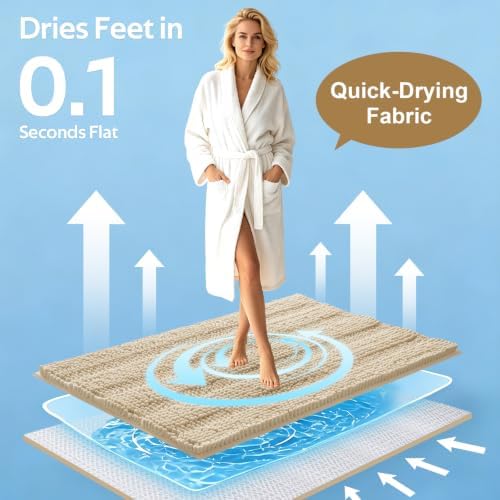 ACCUMTEK Striped Beige Bathroom Rug Mat Set 2 piece 24"x17"+48"x20" Ultra Soft, Non Slip Chenille Bath Rugs, Absorbent Plush Shaggy Bath Mats for Bathroom, Bedroom, Kitchen, Shower, Tub - Image 3