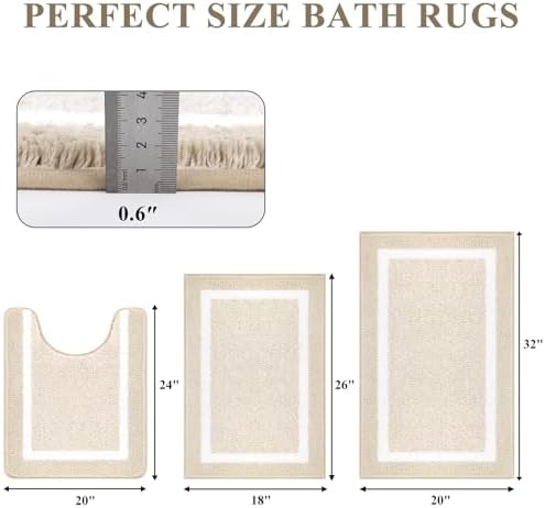 Pauwer 3 Piece Bathroom Rug Set, Non Slip Washable Bath Mat, Light Beige - Image 2