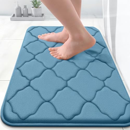 OLANLY Memory Foam Bath Mat Rug 24x16, Ultra Soft and Absorbent Bathroom Rugs, Non-Slip, Comfortable, Machine Washable Bath Carpet for Bathroom Floor, Tub, Shower and Home Decor Accessories, Blue by OLANLY
