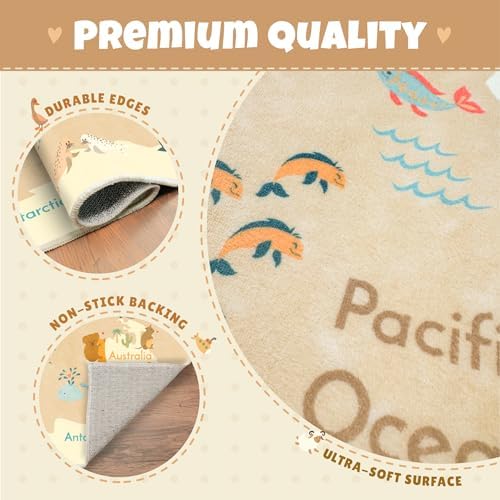 Huge Kids Rugs for Living Room - 9x12 Large Classroom Rug for Children Play & Learning, Washable Ultra Soft World Map Carpet with Ocean, Continents & Cute Animals - Image 5