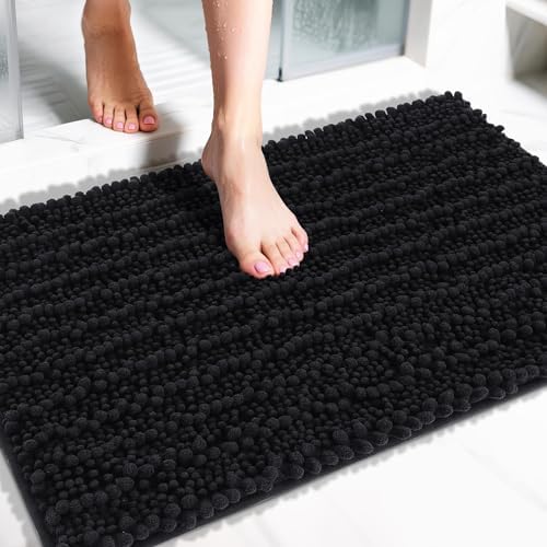Yimobra Bathroom Rugs Non Slip Washable 32x20 Inch - Ultra Soft Absorbent Chenille Bath Mat, Quick Dry Shaggy Floor Carpet for Tub Shower, Black Home Decor Accessories by Yimobra