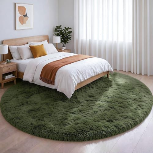Amdrebio Olive Green Shag Round Area Rug 5Ft for Bedroom Nursery Classroom by Amdrebio