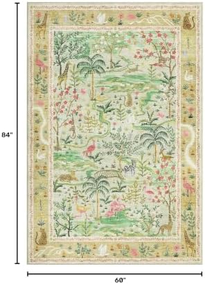 Washable Area Rug 5x7 Green Animal Print Rugs for Nursery Non Slip Stain Resistant Forest Fairy Tale Throw Carpet Low Pile Whimsical Safari Area Rugs for Entryway Girls Bedroom Dining Room, Sage Green - Image 2